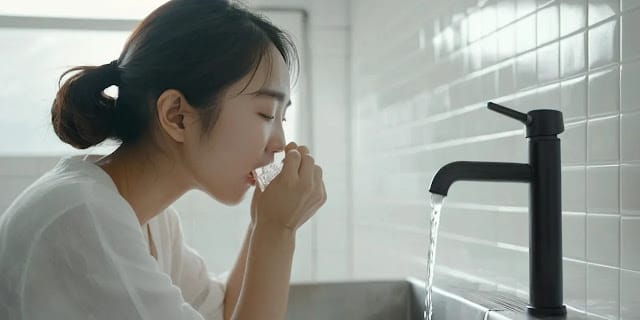 입안을 따뜻한 물로 헹구며 관리하는 모습