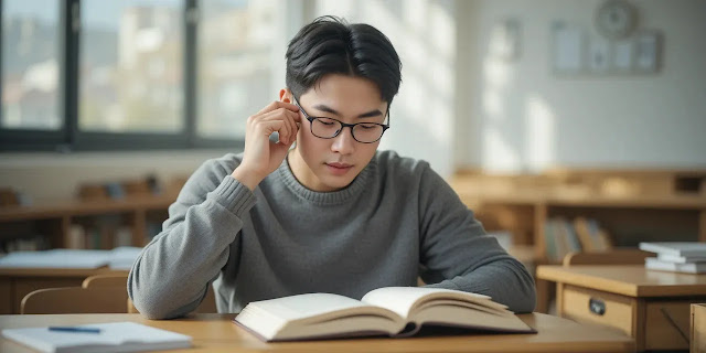 흐려진 시야로 안경을 고쳐쓰는 모습