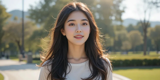 맑은 햇빛 아래 산책하며 햇빛을 쬐는 여성의 모습