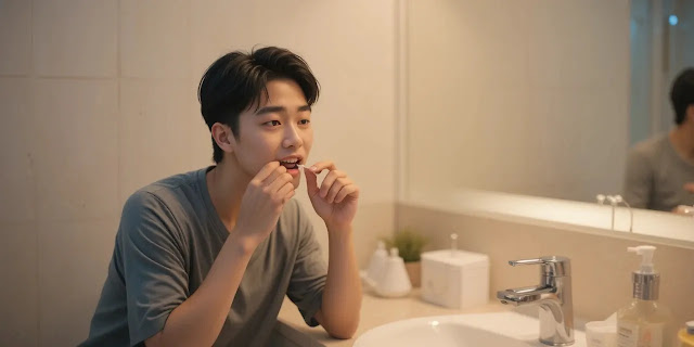 치실로 치아 사이를 청소하는 모습
