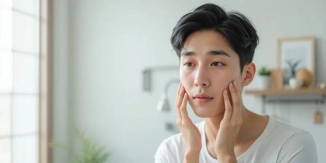 거울을 보며 피부 변화를 확인하는 남성의 아침 피부 관리 모습