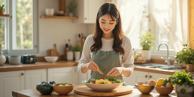 시금치와 두부를 넣은 샐러드를 준비하는 모습