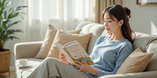 건강 관련 책을 읽으며 휴식하는 모습
