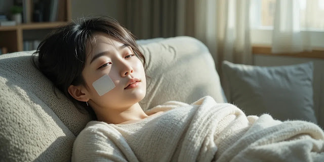 임플란트 후 얼음찜질로 붓기를 관리하는 모습
