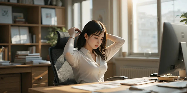 책상 앞에서 앉은 자세를 조절하는 직장인의 모습