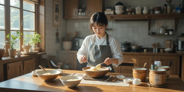 임플란트 후 부드러운 음식을 준비하는 주방 모습