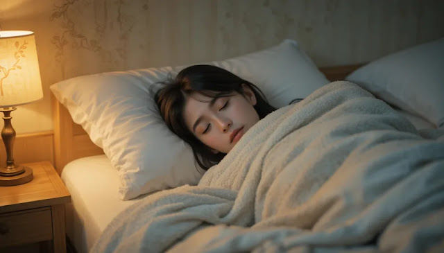 포근한 담요 속에서 깊은 잠에 든 여성의 평화로운 숙면 모습