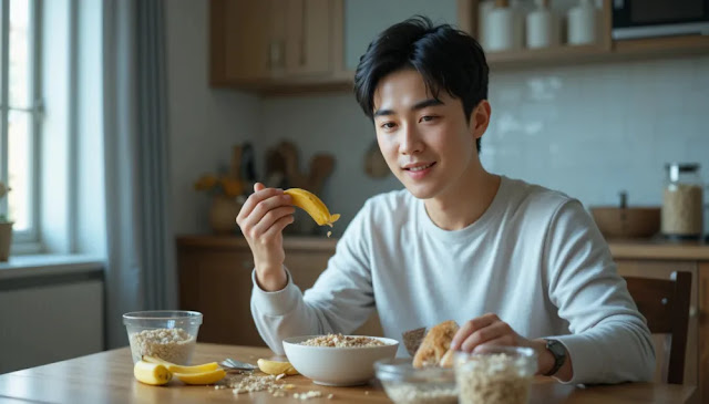 바나나와 오트밀을 야식으로 즐기며 수면을 준비하는 남성의 건강한 모습