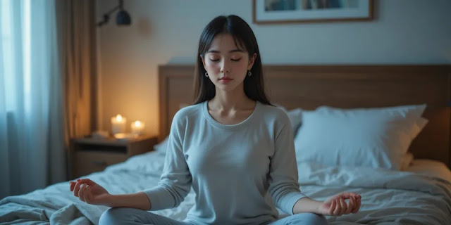 편안한 분위기 속에서 명상으로 숙면을 준비하는 장면 수면 전 명상을 하며 마음을 진정시키는 여성의 모습