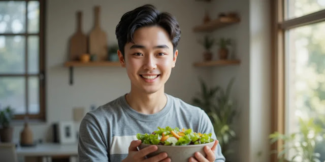 샐러드 볼을 들고 미소 짓는 남성의 건강한 생활습관 실천 모습