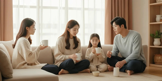 가족 구성원이 실내에서 함께 물을 마시며 건강을 챙기는 모습