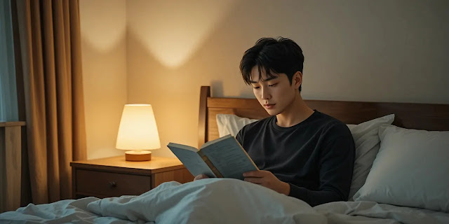 취침 전 독서를 하고 있는 남성의 모습