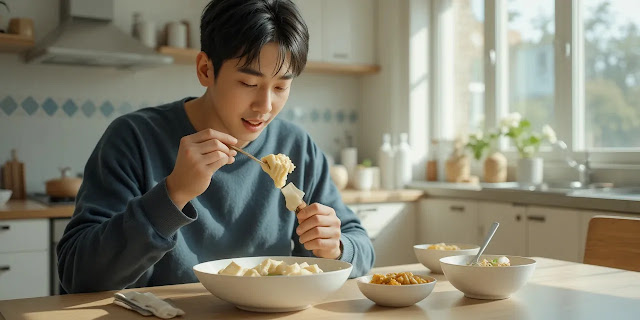 회복 기간에 적절한 부드러운 음식을 먹는 모습