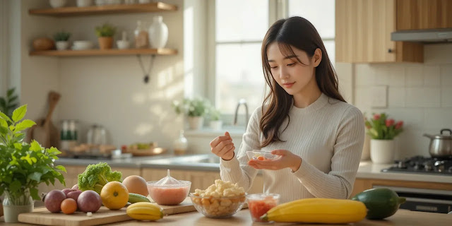 주방에서 영양식 재료를 살펴보는 모습 비타민이 풍부한 식재료를 비교해보는 모습