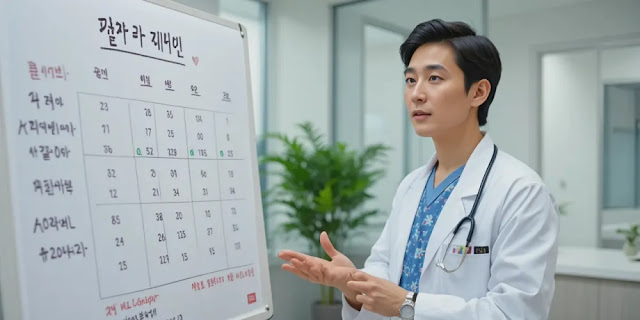 혈당 관리 방법을 설명하는 영양사의 건강 상담 장면 모습