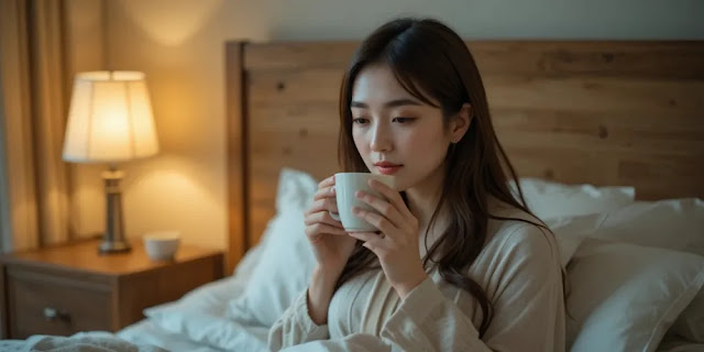 차 한 잔으로 편안한 수면을 준비하는 여유로운 모습 따뜻한 허브차를 마시며 몸을 이완하는 여성의 모습