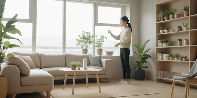 거실에서 공기청정기 설정을 조절하며 실내 공기를 관리하는 모습