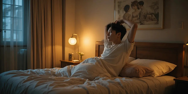 잠자기 전에 가볍게 스트레칭하는 남성의 모습