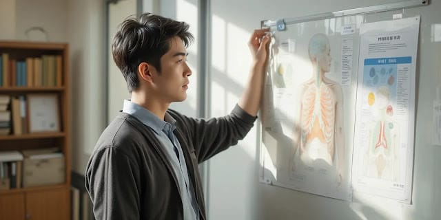 기관지 기능과 관련 자료를 검토하는 모습