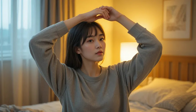 취침 전 스트레칭으로 몸을 이완시키는 여성의 건강한 루틴 모습