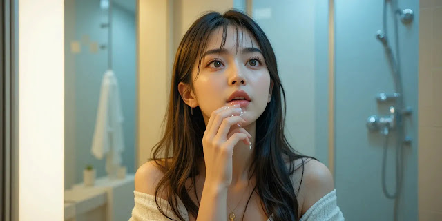 거울 앞에서 치실 사용하는 남성의 모습