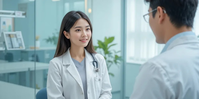 건강검진을 위해 병원을 방문해 상담하는 여성의 진료 장면 모습
