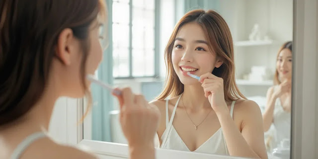 거울 앞에서 올바른 양치 습관을 실천하는 여성의 모습