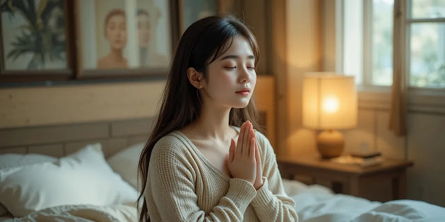 숙면을 위한 호흡 연습을 하는 여성의 모습