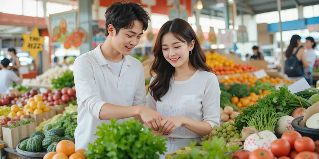 시장에서 과일 고르는 부부의 모습