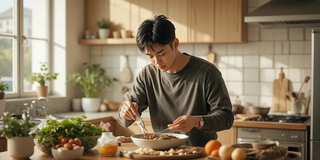 피곤한 상태에서 식단을 준비하는 남성의 모습