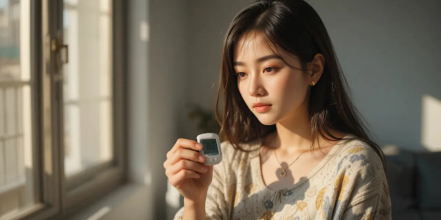 혈당 수치를 체크하며 식단 관리를 실천하는 모습