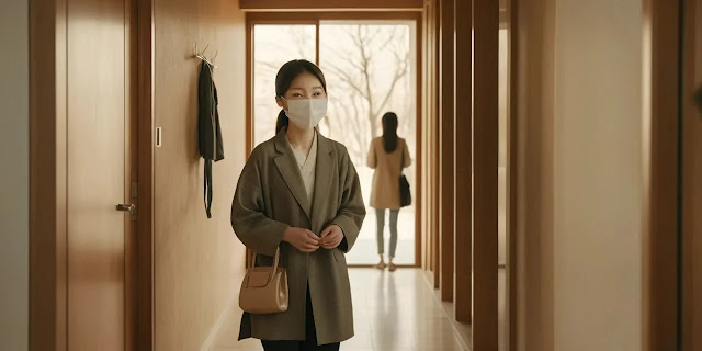 외출 전 현관에서 마스크를 챙기며 대비하는 모습