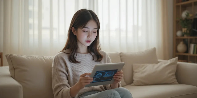 태블릿으로 수면 데이터를 확인하는 여성의 모습