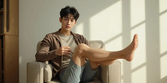 의자에 앉아 무릎 부위를 가리키는 남성의 모습