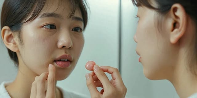 잇몸 고름 여부를 거울로 점검하는 모습