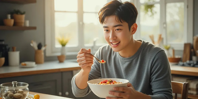 베리와 견과류로 아침 식사를 즐기며 건강을 챙기는 남성의 모습
