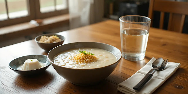 아침 햇살이 드는 창가에서 담백한 식사가 차려진 모습