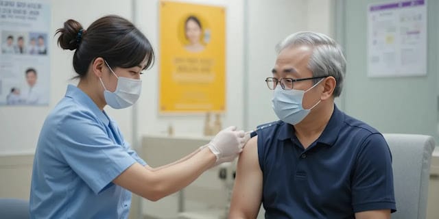 독감 예방접종을 받는 중년 남성의 모습