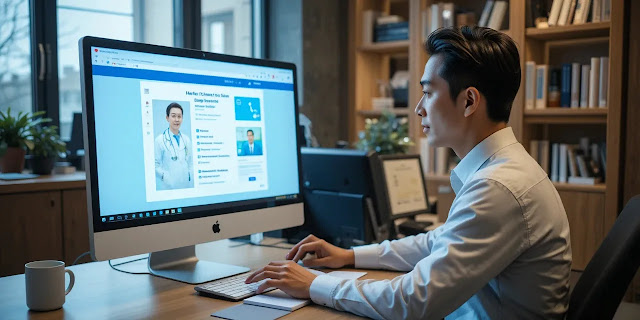 책상 앞에서 건강정보를 확인 중인 남성의 모습 PC로 건강검진 대상 여부를 조회 중인 남성의 모습