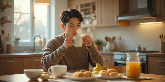 따뜻한 차를 마시며 아침을 시작하는 남성의 모습