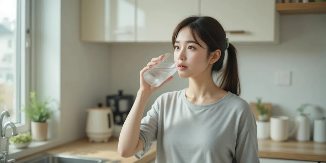 아침 공복에 물을 마시는 모습 건강검진 전 물을 마시는 여성의 모습