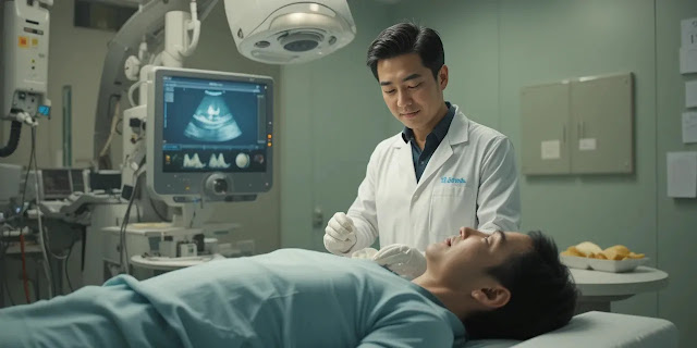 진료실에서 검사를 받는 모습 초음파 검사를 받는 남성의 모습