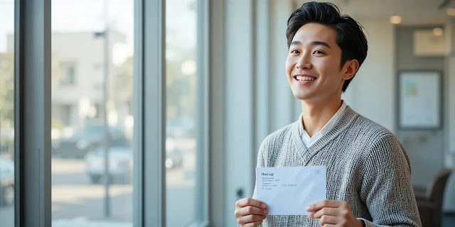 종합건강검진 결과를 받고 안도하는 모습 종합건강검진을 마친 뒤 미소 짓는 남성의 모습