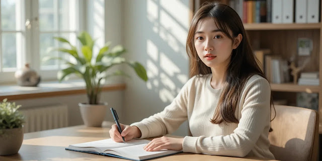 첵상에서 건강 노트에 기록하는 여성의 모습