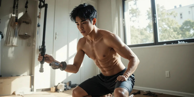 집에서 고강도 운동을 하는 남성의 모습