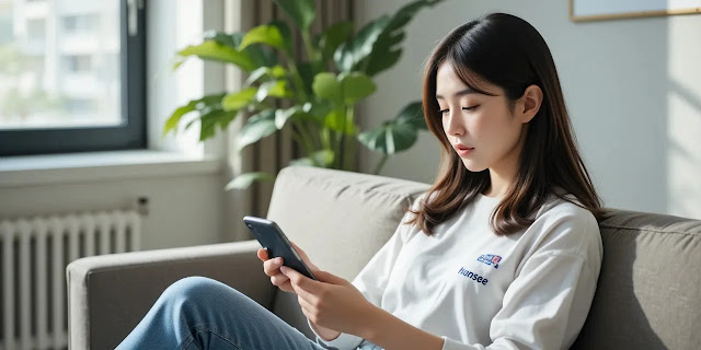 스마트폰으로 병원 안내문을 읽는 차분한 실내 모습