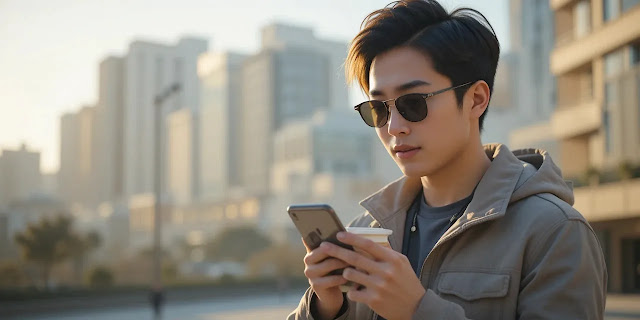 햇살 속에서 스마트폰을 활용하는 모습 야외에서 스마트폰을 사용하는 남성의 모습
