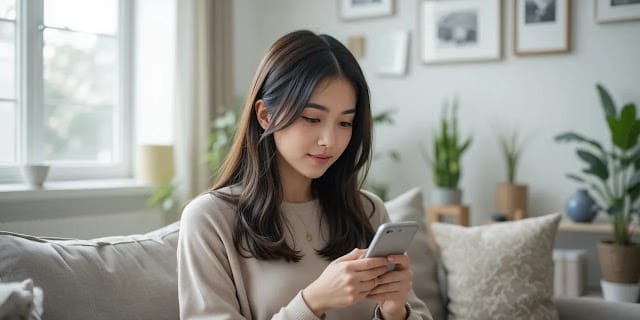 국건강검진 대상 여부를 스마트폰으로 확인하는 여성의 모습