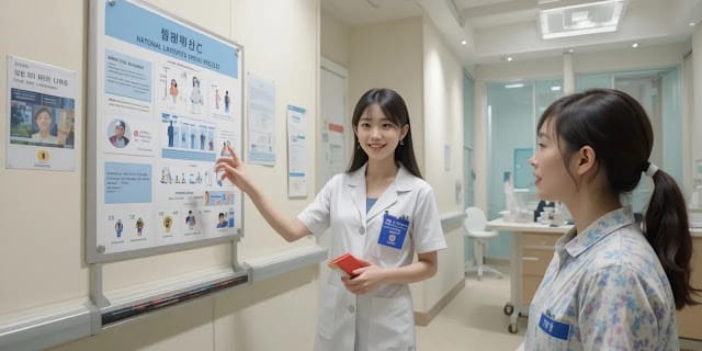 의료진이 건강검진 절차를 설명하는 모습