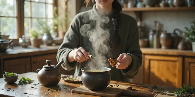 겨울 건강차를 준비하는 따뜻한 모습 허브차를 준비하는 주방 풍경
